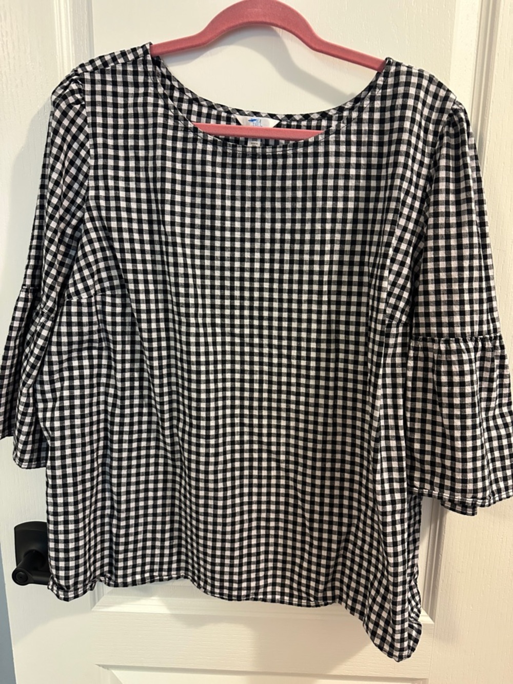 Time and Tru Black & White Gingham Bell Sleeve Blouse